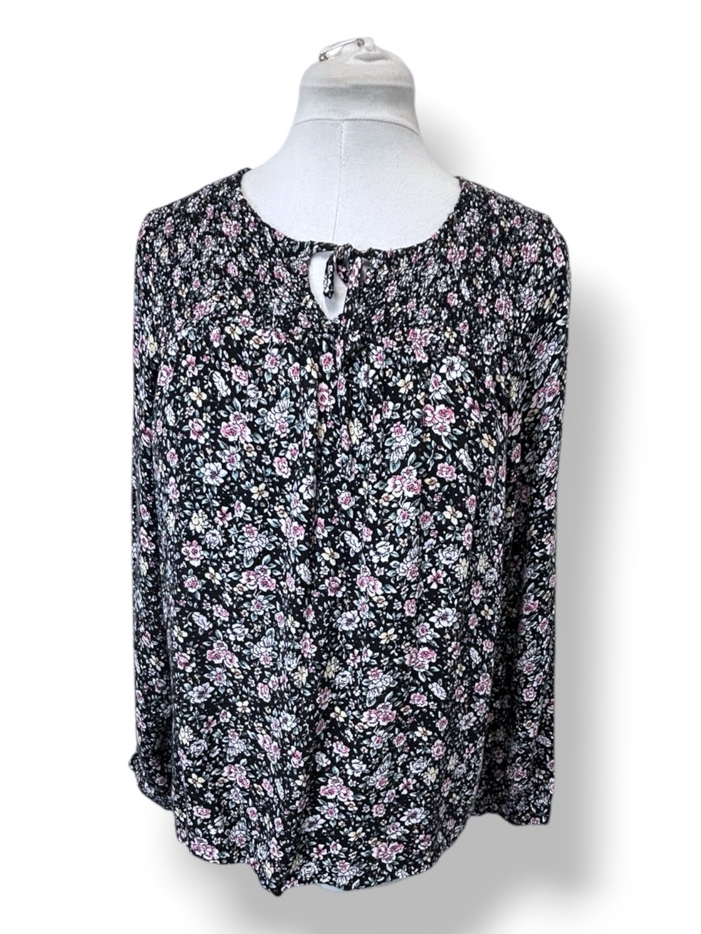 Lucky Brand Women’s Long Sleeve Peasant Tie-Neck Tunic Top Ditsy Floral Black L